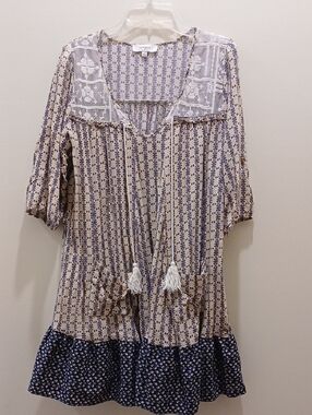 Umgee Boho Tassel Tunic Dress in Beige and Navy Womens Small